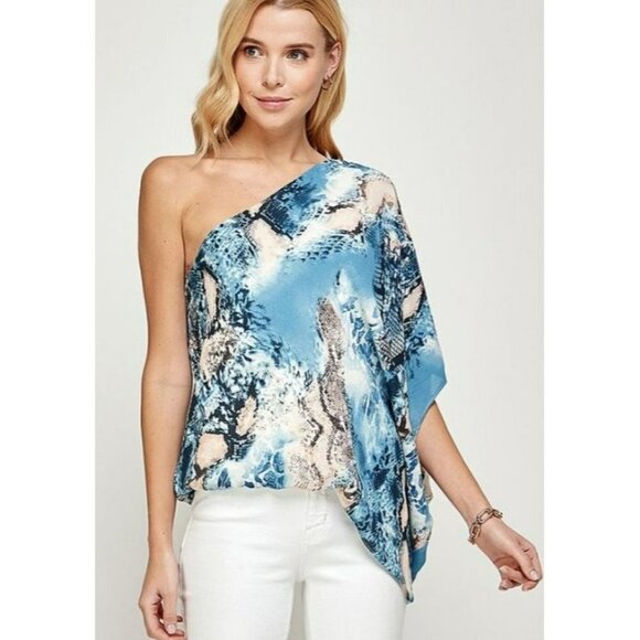 NEW Radiant One Shoulder Blue Blouse Snakeskin Blush Boho Top Bluson Size Small - Picture 1 of 6